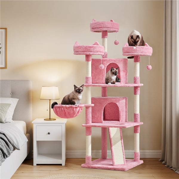 Rosa Katzenbaum mit Liegeflächen, Höhlen und Kratzstämmen im Wohnraum mit Katzen