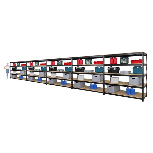 PROREGAL Mega Deal 5x Profi Schwerlastregal Bison HxBxT 200 x 200 x 60 cm 5 Fachböden Fachlast 600 kg Schwarz