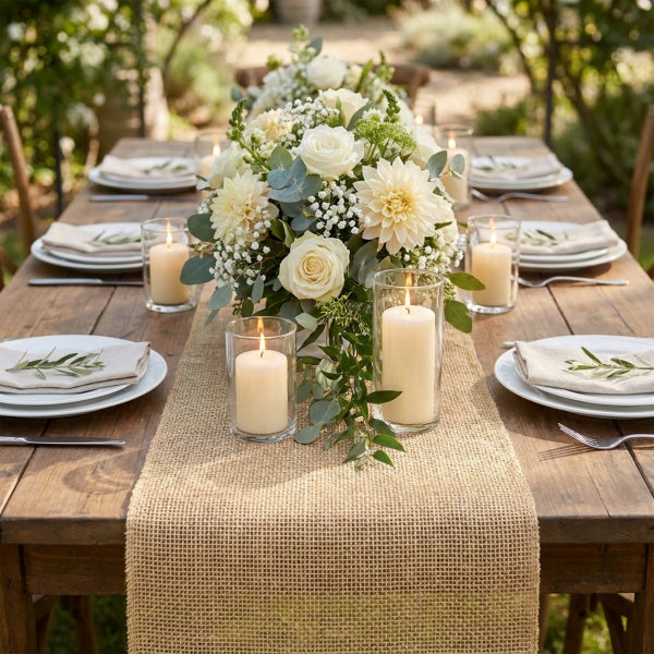 Festlich gedeckter Holztisch im Freien mit Tischläufer aus Jute, Blumenarrangement aus weißen Rosen und Dahlien sowie Stumpenkerzen im Glas.