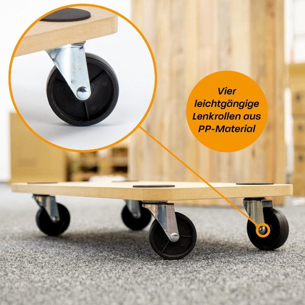 Rollbrett mit vier leichtgängigen Lenkrollen aus Polypropylen Material