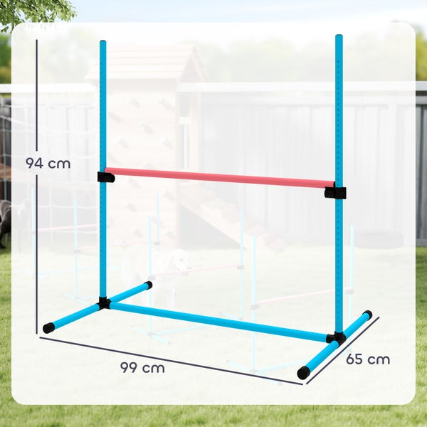 Agility-Hürde für Hunde mit Maßangaben: Höhe 94 Zentimeter, Breite 99 Zentimeter und Tiefe 65 Zentimeter.