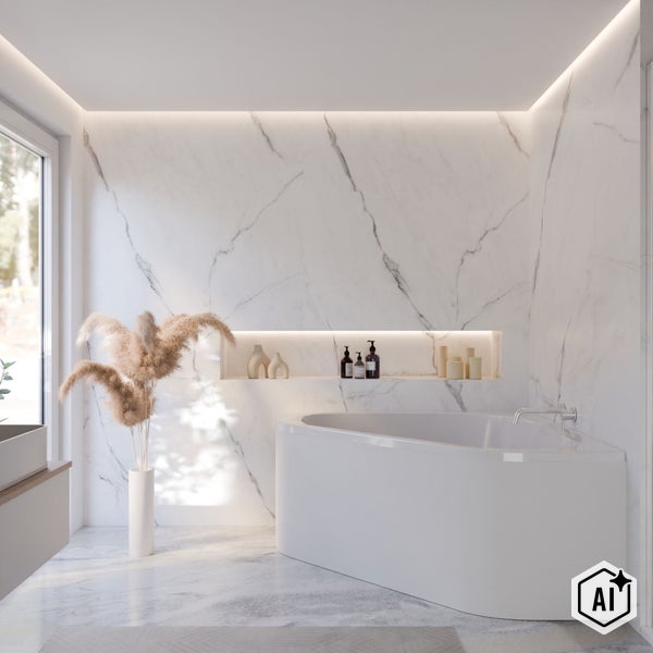 Modernes Badezimmer mit Eckbadewanne, Wandfliesen in Marmoroptik und beleuchteter Nische, dazu eine Vase mit Trockenblumen am Fenster.