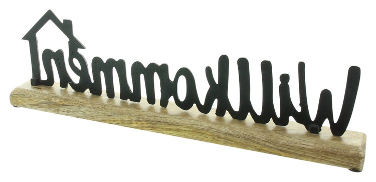 FRANK FLECHTWAREN | Schriftzug Willkommen, METALL, MANGOHOLZ, 40,5 x 5 x 12,5 cm