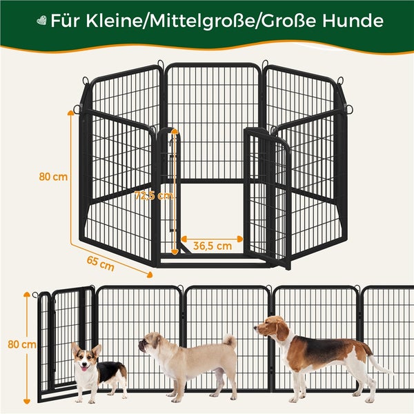 Freilaufgehege für kleine, mittelgroße und große Hunde, aus Metall, mit Tür und den Maßen 80 x 65 Zentimeter