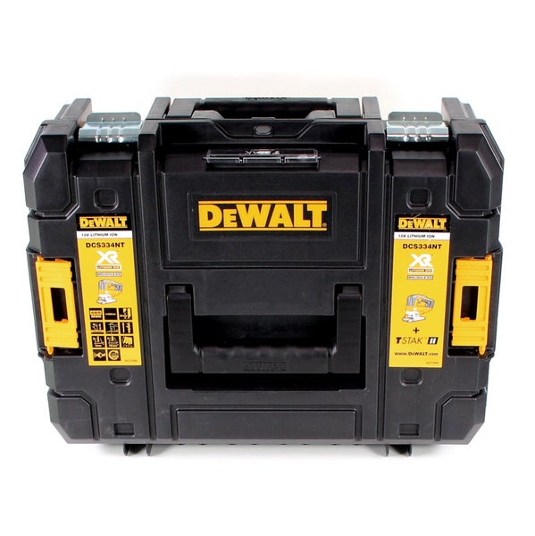 DeWalt Systemkoffer TSTAK II für Akku-Stichsäge DCS334NT mit Tragegriff und Metallschließen.