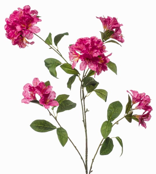 Künstlicher Rhododendronzweig mit rosa Blüten und grünen Blättern.