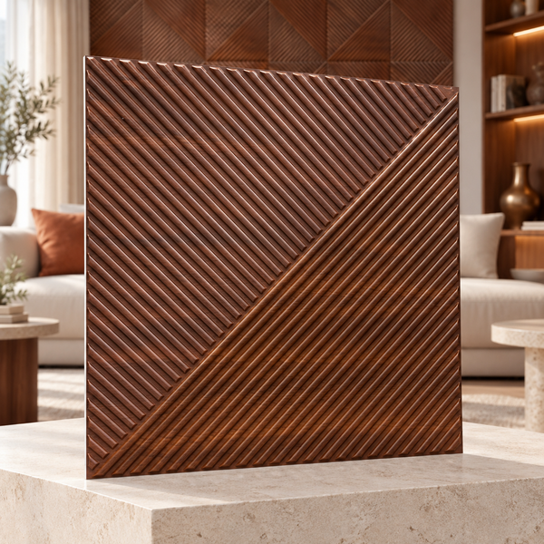 Quadratisches Wandpaneel mit strukturierter Oberfläche aus Holz mit diagonalem Rillenmuster zur stilvollen Inneneinrichtung.
