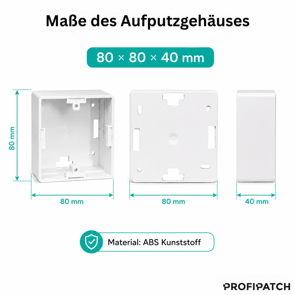 Abmessungen des Profipatch Aufputzgehäuses aus ABS-Kunststoff: 80 mal 80 mal 40 Millimeter, dargestellt aus drei Perspektiven.
