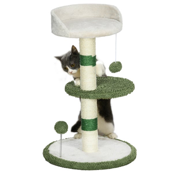 PawHut Kratzbaum Klein Kletterbaum, 64 cm Sisal- Katzenkratzbaum, Runder Katzenbaum mit Liegefläche, Spielball, Katzenmöbel für Katzen bis zu 4 kg, Weiß, Grün
