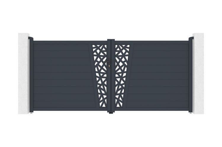 Zweiflügeliges Einfahrtstor aus Aluminium in Anthrazit mit horizontalen Paneelen und dekorativem geometrischem Muster.