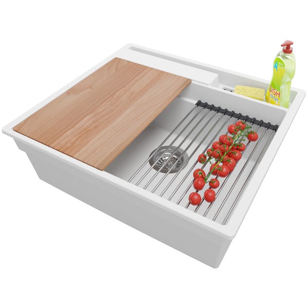 PRIMAGRAN Spülbecken Weiß 58x53cm, Granitspüle 1 Becken + Ablauf-Set + Küchenzubehörset, Küchenspüle ab 60er Unterschrank - Oslo Pocket