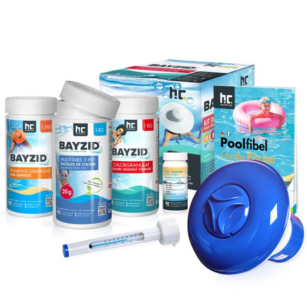 Bayzid Poolpflege Set mit pH-Minus Granulat, Multitabs, Chlorgranulat, Teststreifen, Poolfibel und Thermometer