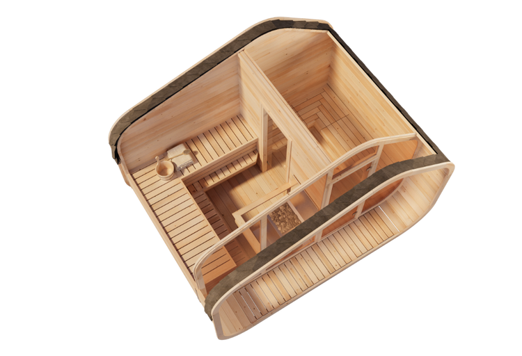 Innenansicht einer Garten-Sauna aus hellem Holz mit zwei Räumen, Saunabänken und Saunaofen.