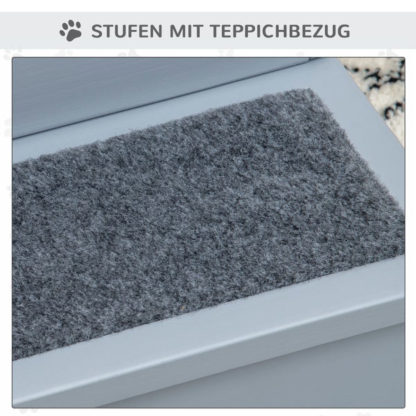 PawHut Hundetreppe 3 Stufen Katzentreppe Haustiertreppe Hundetreppe für Hunde und Katzen Tiertreppe Einstiegshilfe mit Teppich Stauraum für Sofa Bett Tannenholz Grau 40,5 x 44,5 x 38 cm