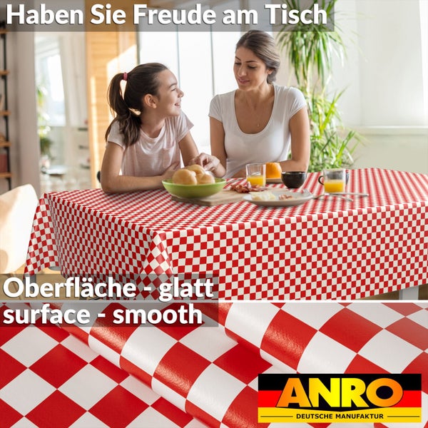 Tischdecke mit rot-weißem Karomuster und glatter Oberfläche, Frau und Kind sitzen an einem hellen gedeckten Tisch, ANRO Logo.