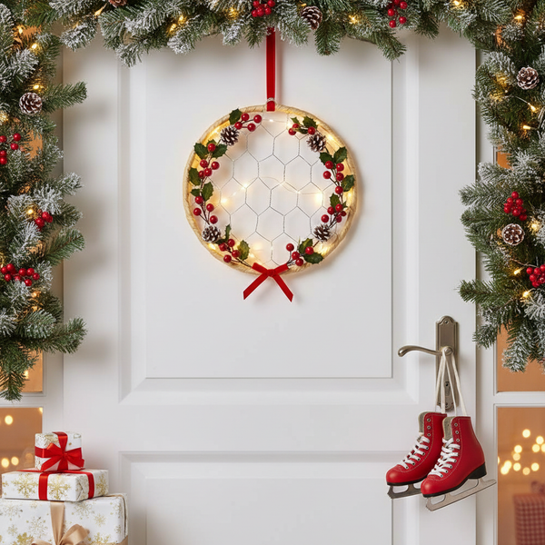 Weihnachtlicher Kranz mit Beleuchtung, Beeren und Zapfen auf weißer Tür, umrahmt von Girlanden, mit roten Schlittschuhen und Geschenken.