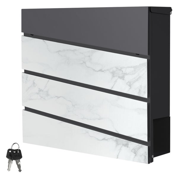 Wandbriefkasten mit drei Frontpaneelen in Marmor-Optik, Zeitungsfach und Schlüsselsatz.