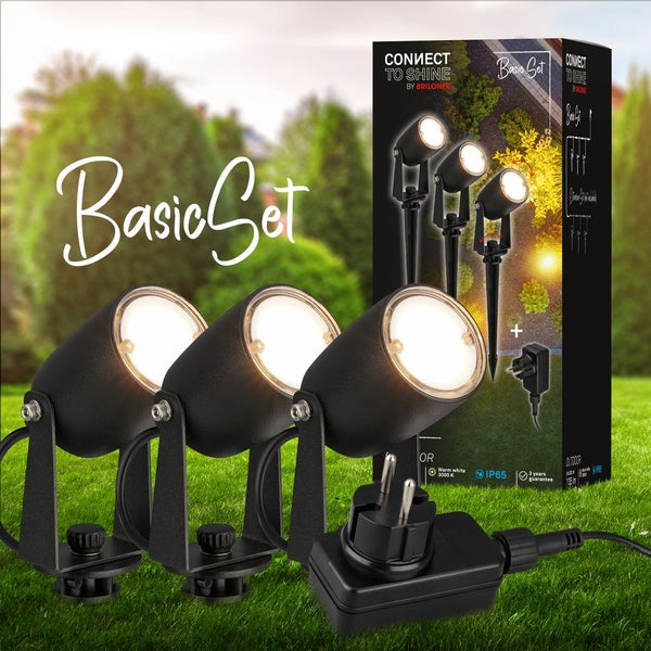 Briloner Connect to Shine Basic Set mit drei LED-Gartenstrahlern, Stecker, warmweißes Licht, 3000 Kelvin, Schutzart IP65.