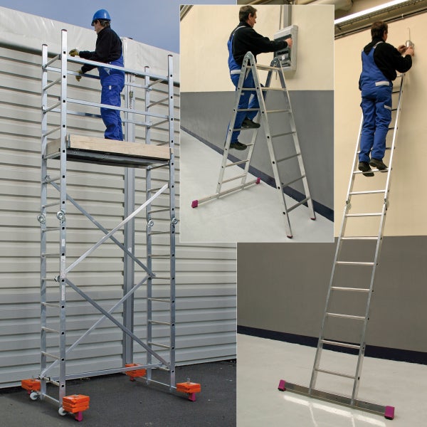 Mehrzweck-Aluminium-Leitersystem in drei Funktionen: fahrbares Gerüst mit Arbeitsplattform, Stehleiter und lange Anlegeleiter mit Anwender.
