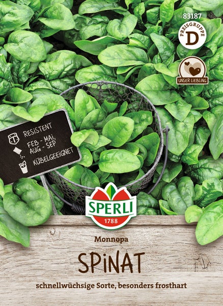 Sperli Spinat Monnopa Saatgut fuer schnellwachsende und frostharte Spinatsorte geeignet fuer die Kultur in Kuebeln und Töpfen