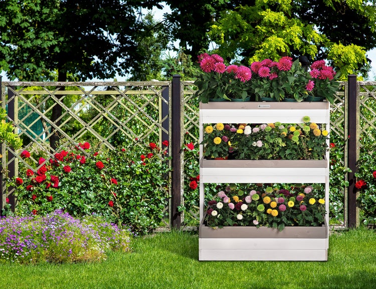 WONDERMAKE® Großes Design Vertikalbeet mit 3 Etagen aus Holz für Outdoor Balkon Garten Wand stehend, Hochbeet vertikal XL Kästen Cube für Kräuter Erdbeeren Blumen, 85x38x110 cm, weiß grau anthrazit