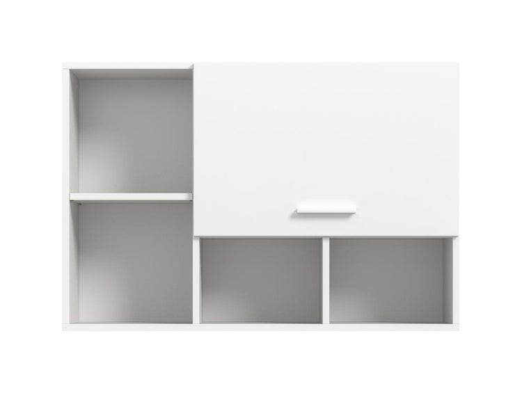 Weißer Wandschrank mit einer Tür und vier offenen Fächern.