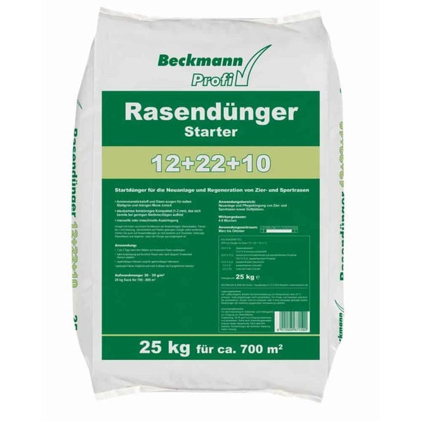 Beckmann Profi Rasendünger Starter 12+22+10, 25 Kilogramm Sack für 700 Quadratmeter Rasenfläche für Neuanlage und Regeneration.