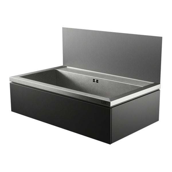Einbauwaschbecken aus Edelstahl mit integriertem Spritzschutz und Unterschrank.