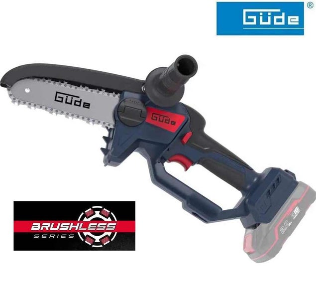 Güde akkubetriebene Astsäge mit bürstenlosem Motor, Akkumulator und Handschutz. Güde Logo.
