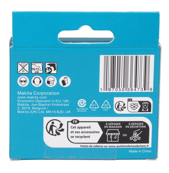 Rückseite der Makita Zubehörverpackung mit Produktinformationen, Anwendungssymbolen, Barcode und Recyclinghinweisen.
