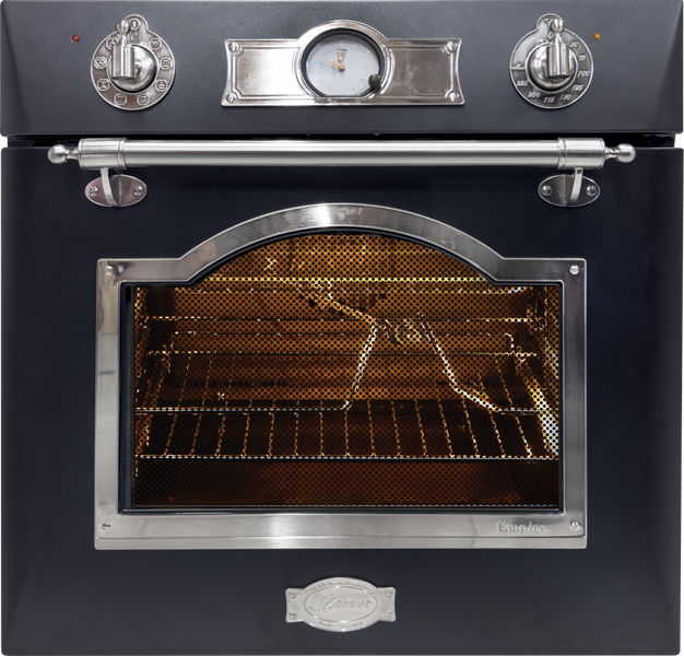 Einbau Backofen im Retro Design mit analogen Bedienelementen, Sichtfenster und Kaiser Logo.