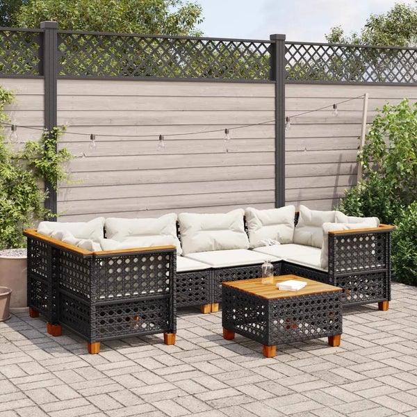 7-tlg. Garten-Sofagarnitur mit Kissen Schwarz Poly Rattan