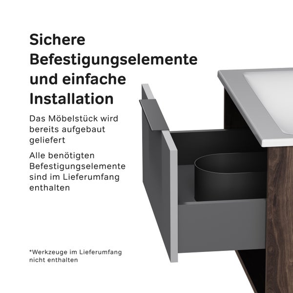 Waschbeckenunterschrank mit Schublade und Siphonausschnitt, vormontiert, inklusive Befestigungsmaterial.