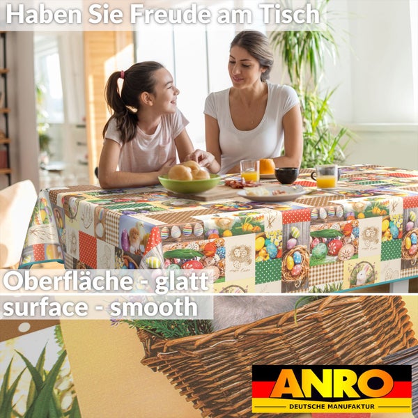 Mutter und Tochter sitzen an einem Tisch mit einer Tischdecke mit Ostermotiven. Im Vordergrund ist das ANRO Logo zu sehen.
