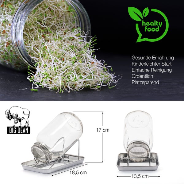 Sprossenglas mit Sprossen und Abtropfschale inklusive Maßangaben