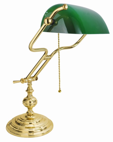 Bankierslampe mit grünem Schirm und Zugschalter