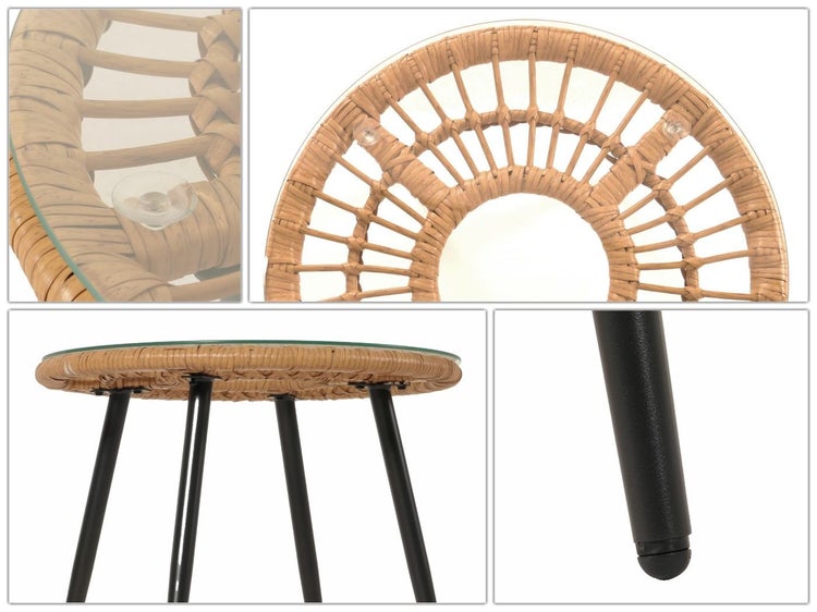 Beistelltisch mit Glasplatte, Rattangeflecht und schwarzen Beinen