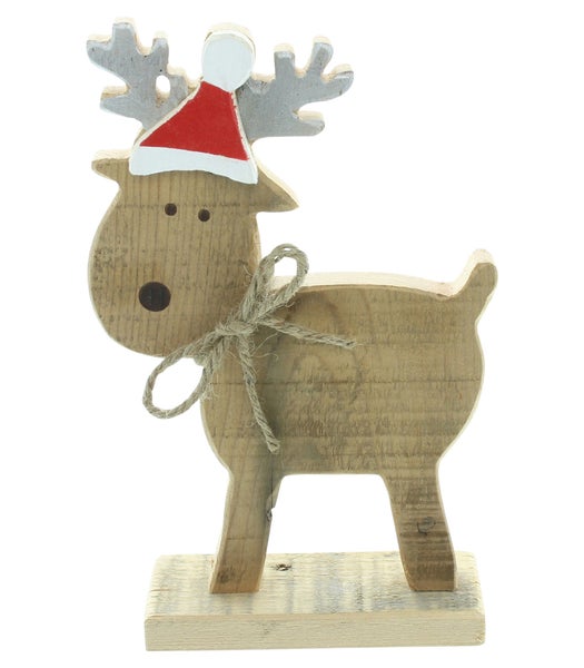 Dekorativer Holz-Rentier mit Weihnachtsmütze als Weihnachtsschmuck