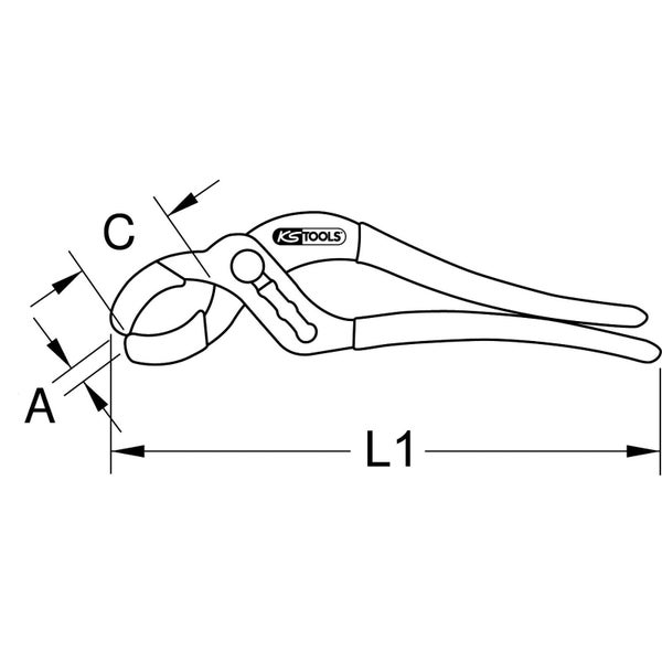 KS Tools Logo. Abmessungen der Rohrzange.