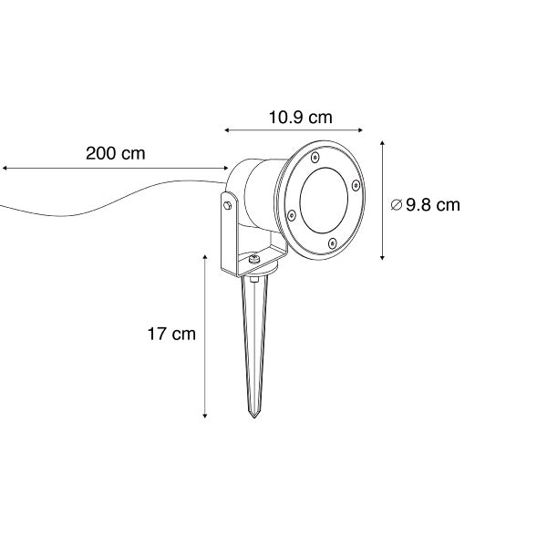 Maße Gartenstrahler: Breite 10,9 Zentimeter, Durchmesser 9,8 Zentimeter, Höhe 17 Zentimeter, Kabellänge 200 Zentimeter.