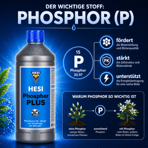 Hesi Phosphor Plus Pflanzenduenger mit Erlaeuterung zur Wirkung von Phosphor auf die Bluetenbildung und Pflanzenstaerke