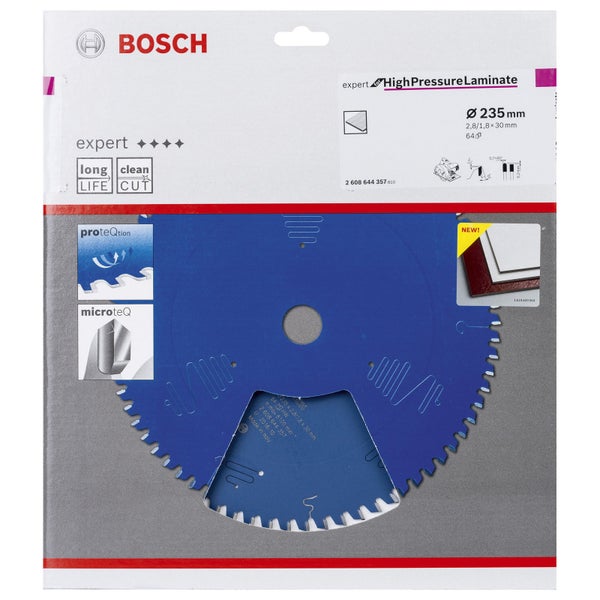 Bosch Logo. Kreissägeblatt Expert High Pressure Laminate mit 235 mm Durchmesser in Verpackung.