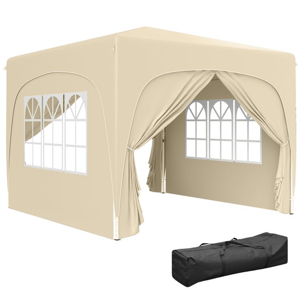 Outsunny Pavillon 3x3m, wasserabweisend Stabil Winterfest Pop-up Faltpavillon, UV Schutz 50+, Faltbar Partyzelt Gartenzelt mit 4 Seitenteilen Tasche Gartenpavillon für Camping Garten, Sand