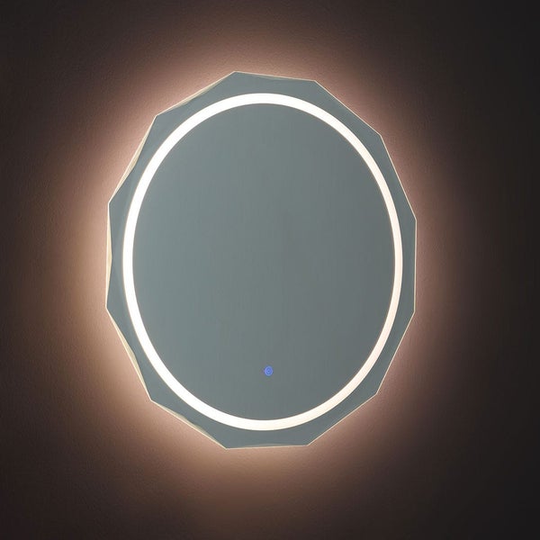 Runder Badezimmerspiegel mit LED-Beleuchtung, facettiertem Rand und Touch-Sensor.