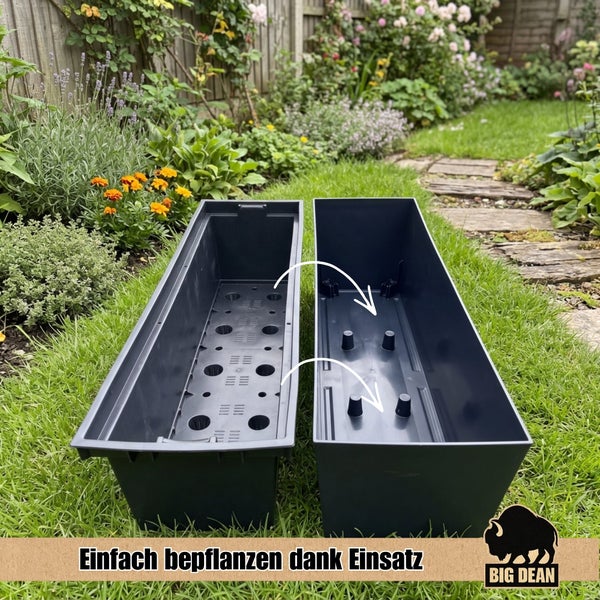 Rechteckiger Blumenkasten in Anthrazit auf einer Holzterrasse im Garten bepflanzt mit Blumen und Sukkulenten Big Dean Logo