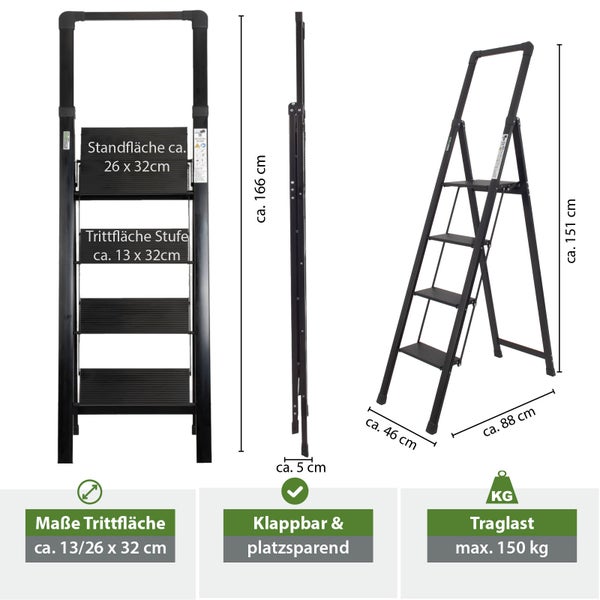 Schwarze Trittleiter mit vier Stufen und den Maßen 166 x 88 x 46 cm
