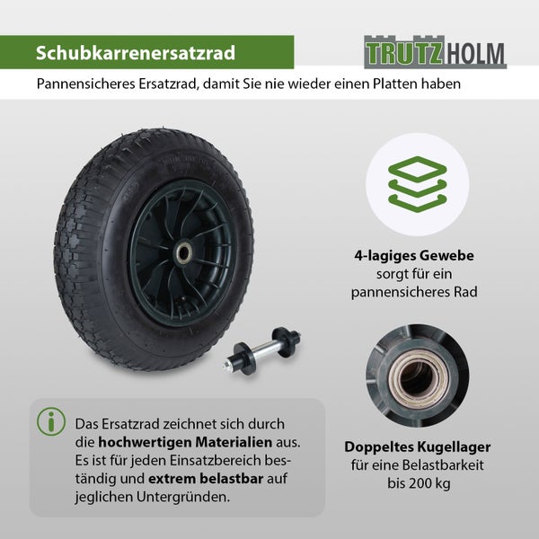 Pannensicheres Trutzholm Schubkarrenersatzrad mit 4-lagigem Gewebe, doppeltem Kugellager und Achse für bis zu 200 Kilogramm Belastbarkeit.