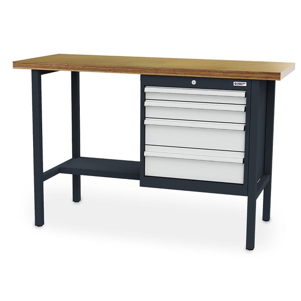 Werkbank mit Holzplatte, anthrazitfarbenem Gestell, fünf hellgrauen Schubladen und Ablagefach. Werkzeugstore24 Logo.