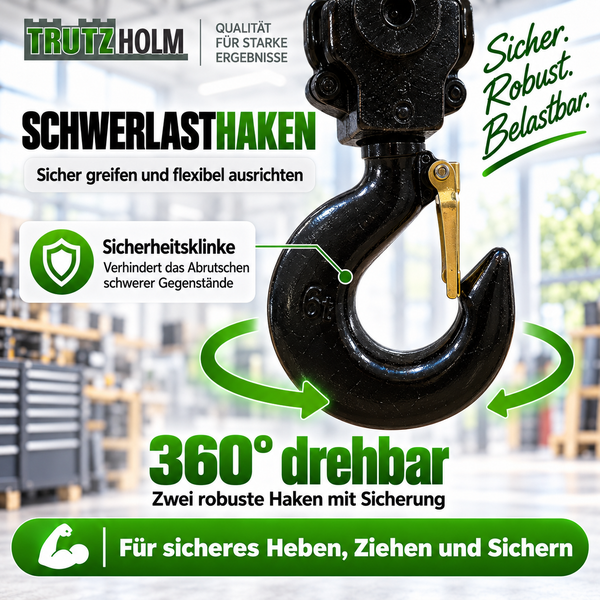 Trutzholm Schwerlasthaken mit Sicherheitsklinke, 360 Grad drehbar für sicheres Heben und Ziehen von schweren Lasten.