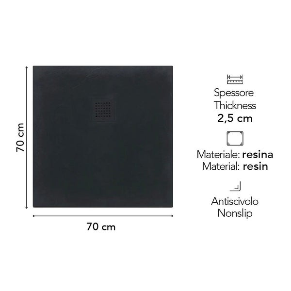 Quadratische Duschwanne aus Kunstharz, 70 mal 70 Zentimeter, Stärke 2,5 Zentimeter, rutschfest, schwarz.